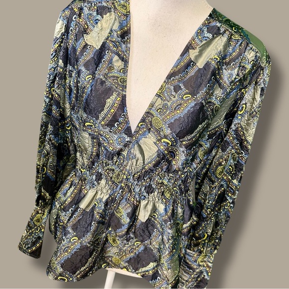 Ganni ‘Crinkled Satin V-Neck Top’ in Olive Green Paisley EU Size 36 = Size Small - Picture 15 of 16